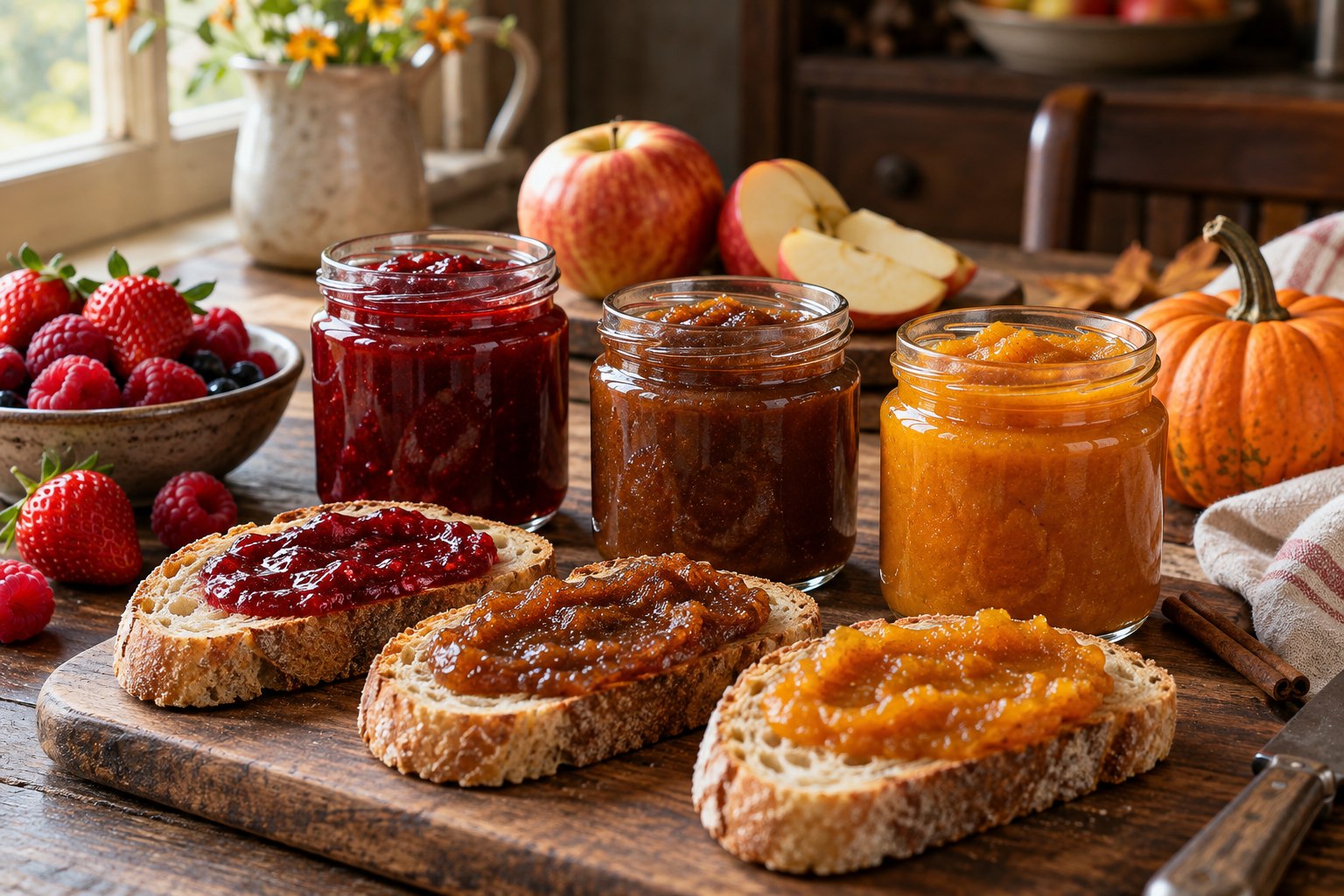 Illustrative jars of fruit preserves with toast and fresh fruit